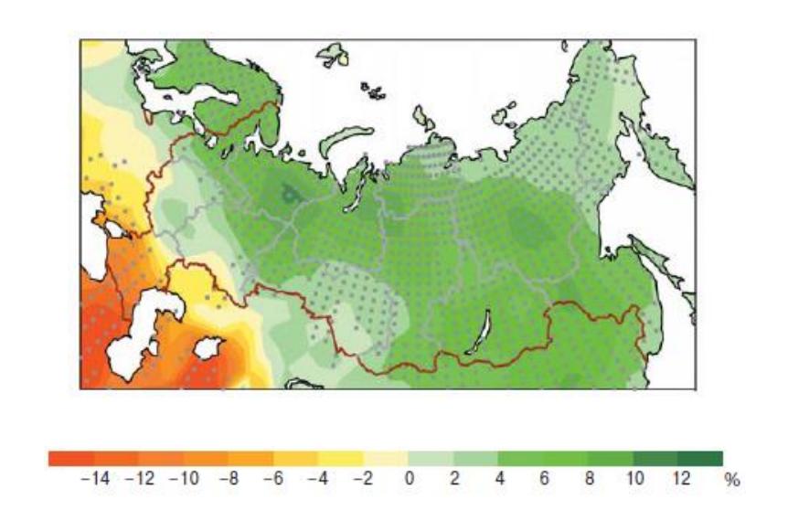 Изменения конвективных осадков (%) на территории России летом к середине XXI века, рассчитанные по ансамблю МОЦАО. Точками выделены области, в которых более двух третей моделей показывают изменения одного знака [6].